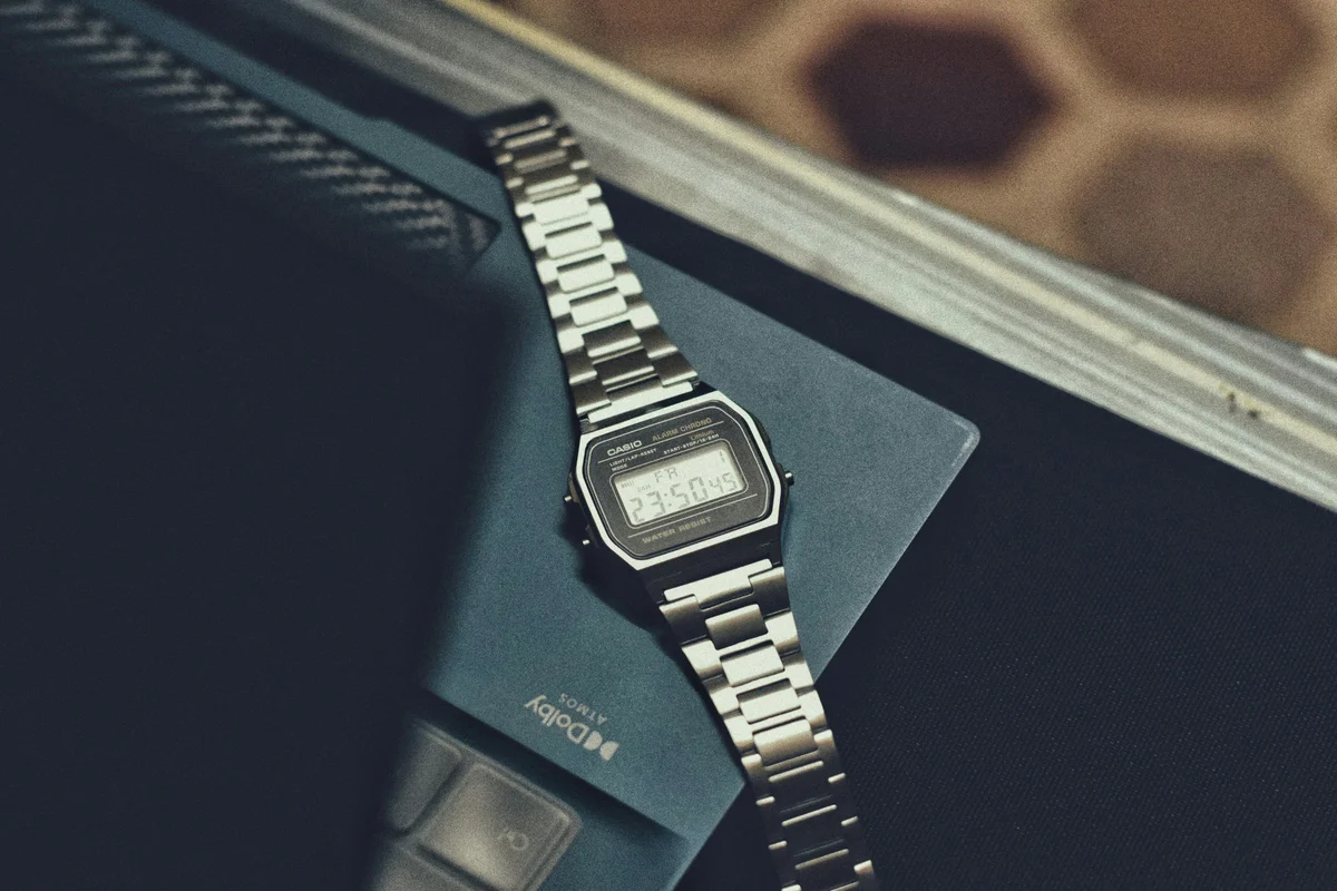 Close-up of a classic Casio digital watch with a retro design